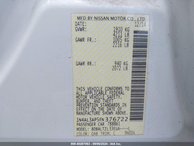 Nissan Altima 2.5 Sl 2015 1N4AL3AP5FN376722 Image 9
