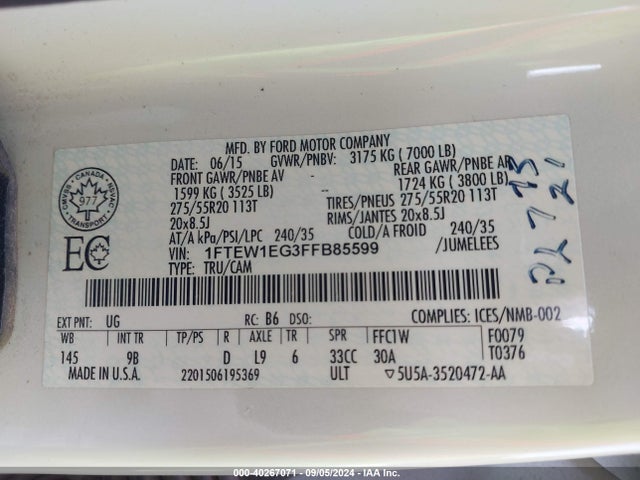 1FTEW1EG3FFB85599 Ford F-150 Platinum