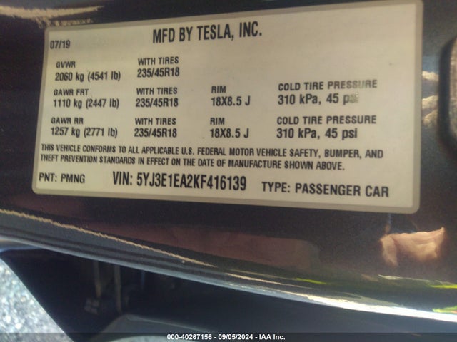 2019 TESLA MODEL 3 5YJ3E1EA2KF416139 Photo 8