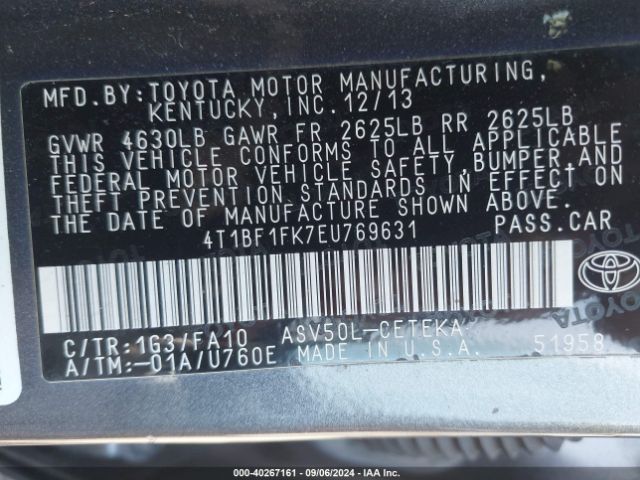 4T1BF1FK7EU769631 Toyota CAMRY L