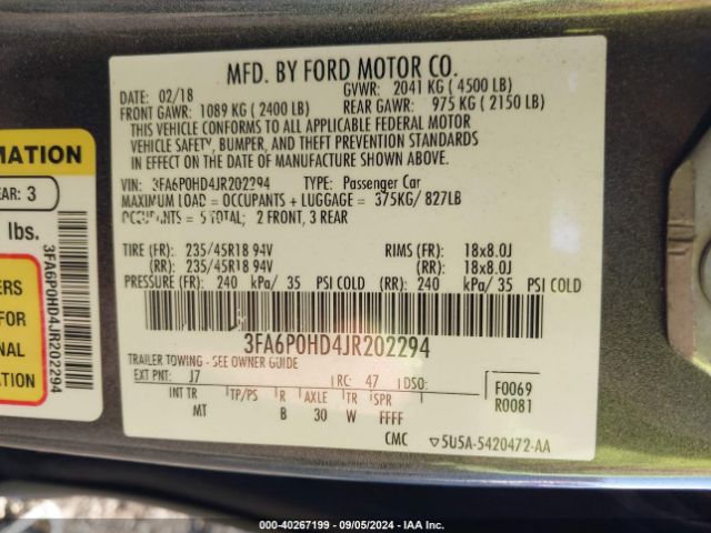 3FA6P0HD4JR202294 Ford FUSION SE