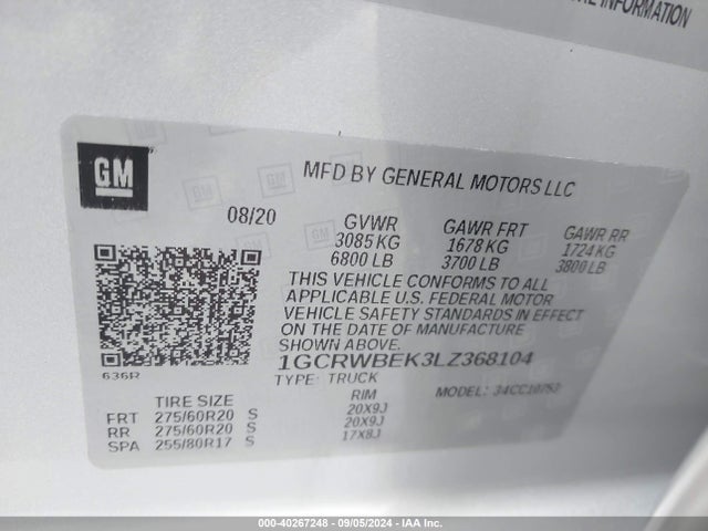 1GCRWBEK3LZ368104 Chevrolet Silverado 1500 2wd Double Cab Standard Bed Custom