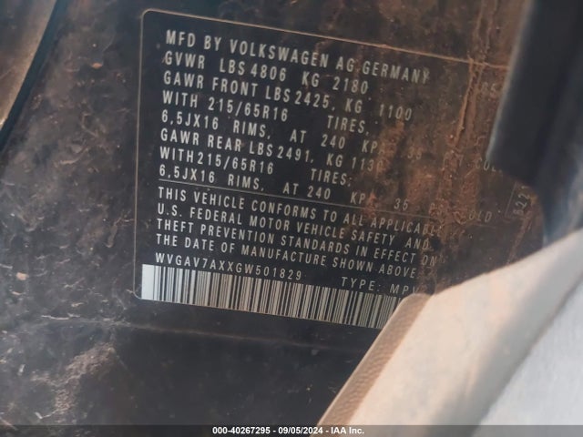 WVGAV7AXXGW501829 Volkswagen TIGUAN S