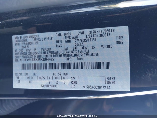Ford F-150 Xlt 2021 1FTFW1E8XMKE64422 Image 9