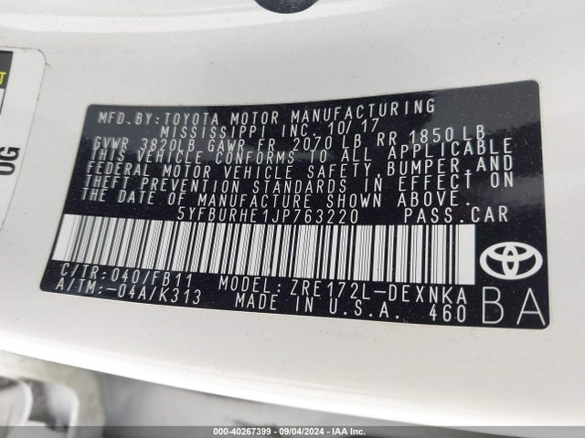 Toyota COROLLA LE 2018 5YFBURHE1JP763220 Image 9