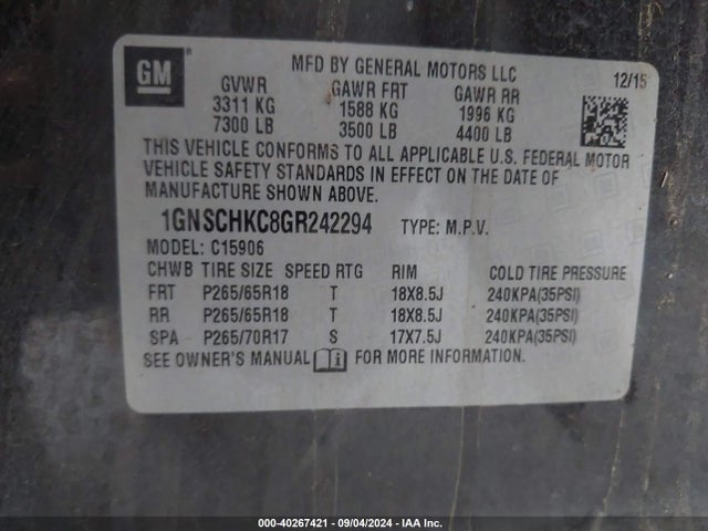 Chevrolet Suburban Lt 2016 1GNSCHKC8GR242294 Image 9