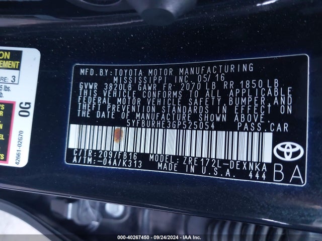 Toyota COROLLA LE 2016 5YFBURHE3GP525054 Image 9