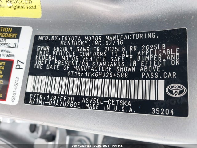 Toyota CAMRY SE 2017 4T1BF1FK6HU294588 Image 9