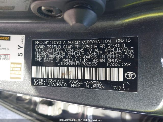 JTDKBRFU9H3025331 Toyota Prius Two