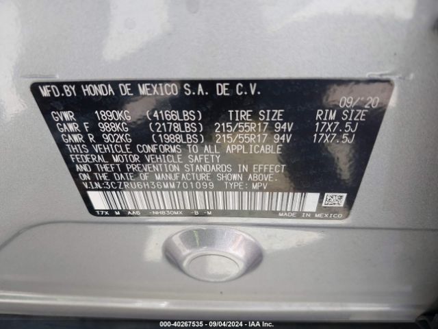 3CZRU6H36MM701099 Honda Hr-v Awd Lx