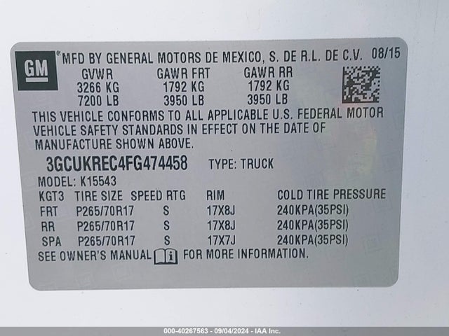 Chevrolet Silverado 1500 2lt 2015 3GCUKREC4FG474458 Image 9