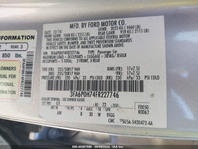 Ford FUSION SE 2015 3FA6P0H74FR227746 Image 9