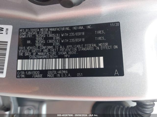 5TDGZRAHXMS516544 Toyota Highlander Xle