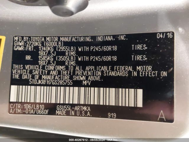 5TDJKRFH7GS285755 Toyota Highlander Xle V6