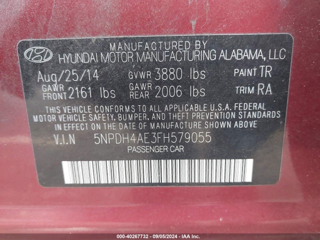 Hyundai ELANTRA SE 2015 5NPDH4AE3FH579055 Image 9