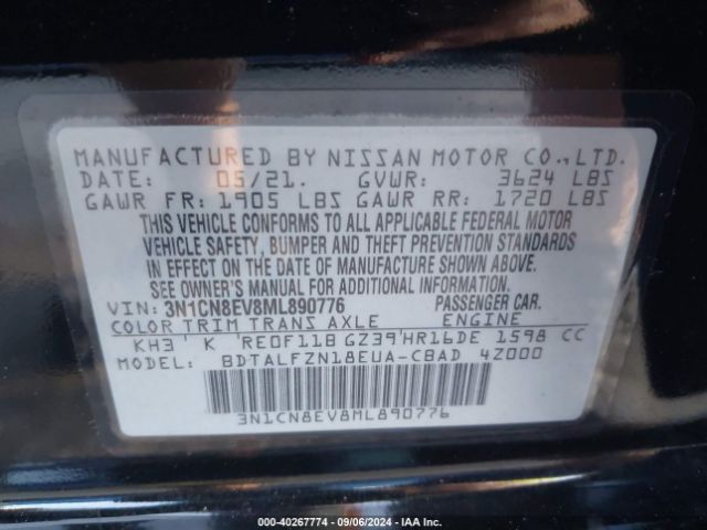 3N1CN8EV8ML890776 Nissan Versa Sv Xtronic Cvt
