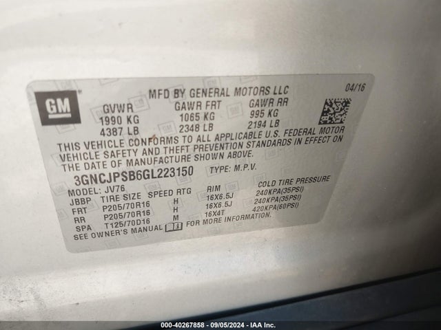 Chevrolet Trax Lt 2016 3GNCJPSB6GL223150 Image 9