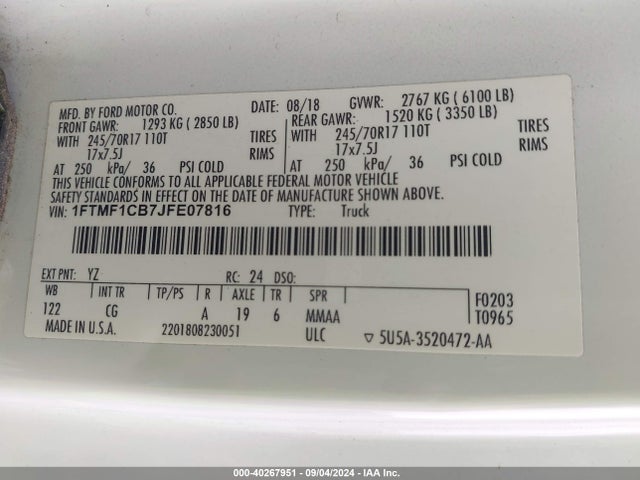 Ford F-150 Xl 2018 1FTMF1CB7JFE07816 Image 9