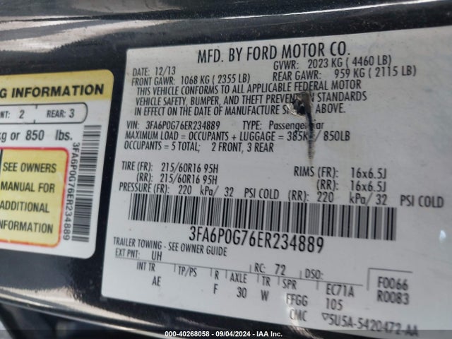 Ford FUSION S 2014 3FA6P0G76ER234889 Image 9