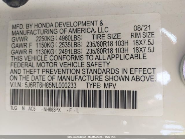 5J6RT6H85NL000233 Honda Cr-v Hybrid Ex-l