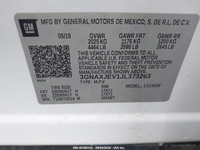 3GNAXJEV1JL373263 Chevrolet EQUINOX LT