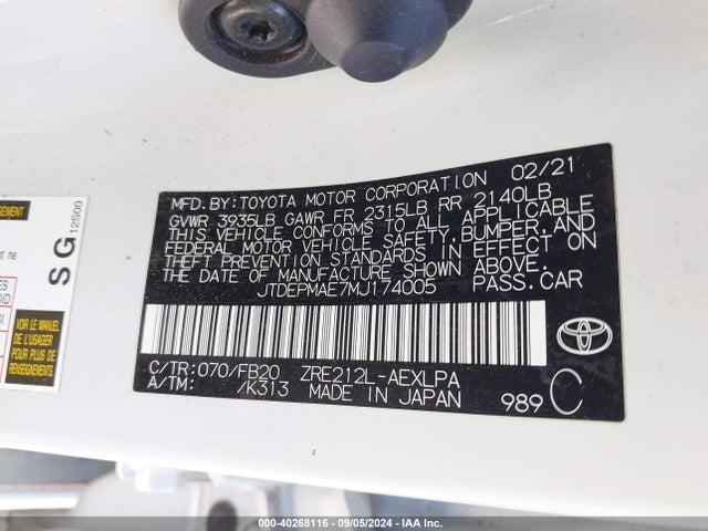 Toyota COROLLA LE 2021 JTDEPMAE7MJ174005 Image 9