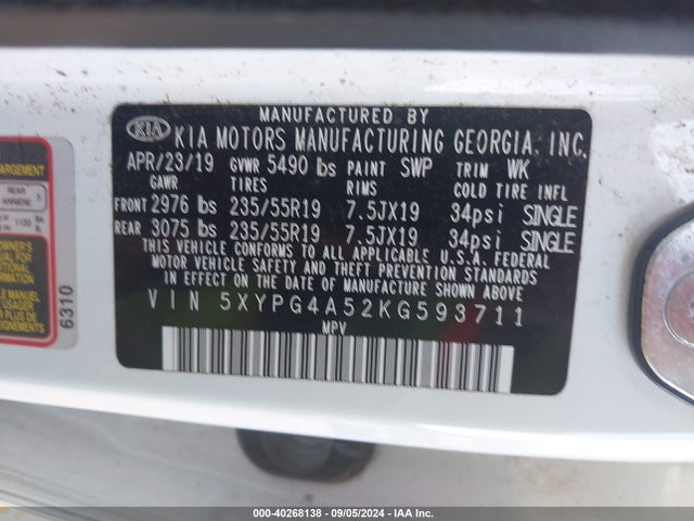 KIA Sorento 3.3l S 2019 5XYPG4A52KG593711 Image 9