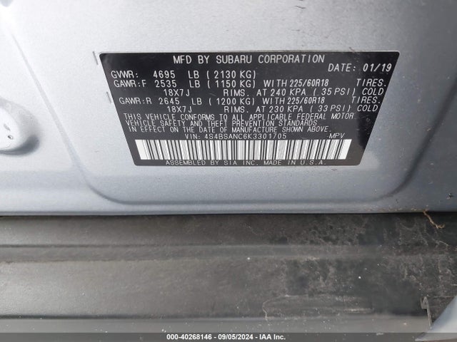 Subaru Outback 2.5i Limited 2019 4S4BSANC6K3301705 Image 9