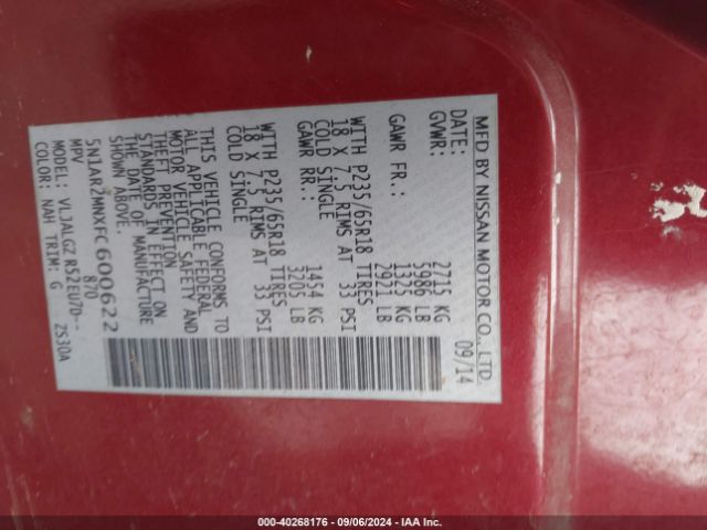 5N1AR2MNXFC600622 Nissan Pathfinder Platinum/s/sl/sv