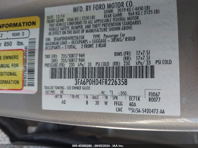 Ford FUSION SE 2015 3FA6P0HD4FR226358 Image 9