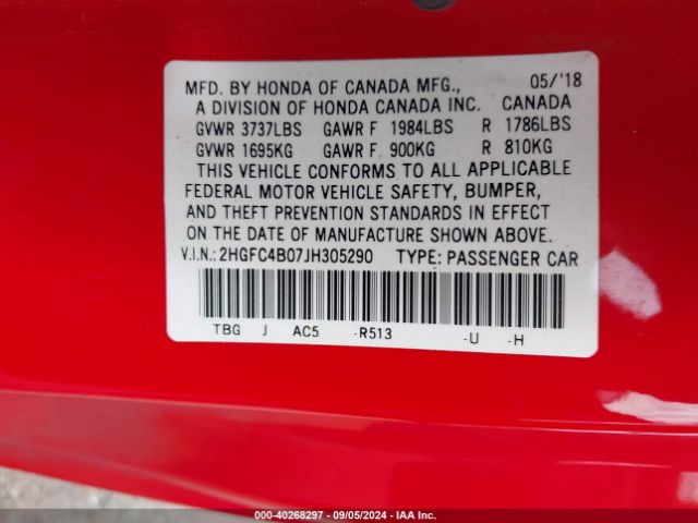 2HGFC4B07JH305290 Honda Civic Lx-p