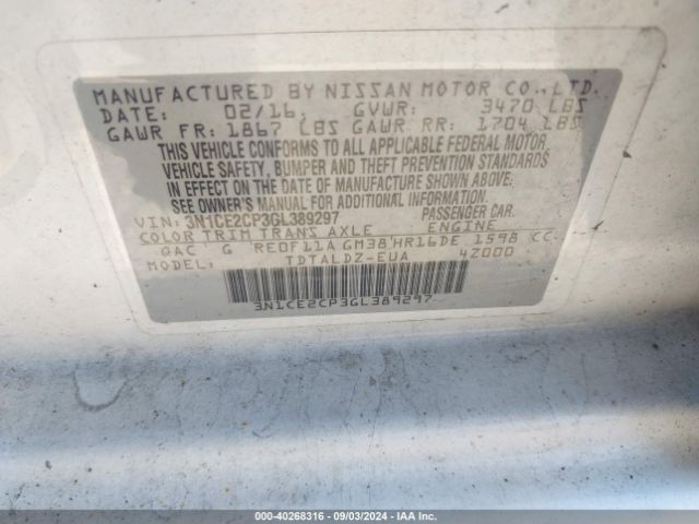 3N1CE2CP3GL389297 Nissan Versa Note S (sr)/s Plus/sl/sr/sv
