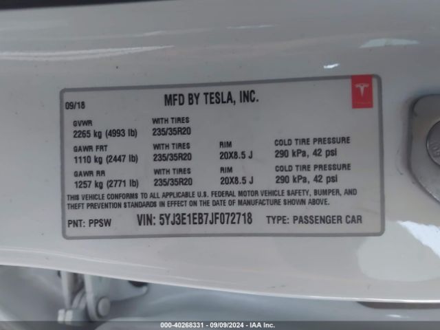 5YJ3E1EB7JF072718 Tesla Model 3 Long Range/performance