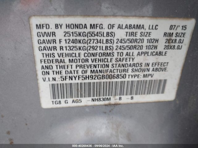 5FNYF5H92GB006850 Honda Pilot Touring