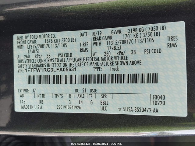 Ford F-150 Raptor 2020 1FTFW1RG3LFA05631 Image 9