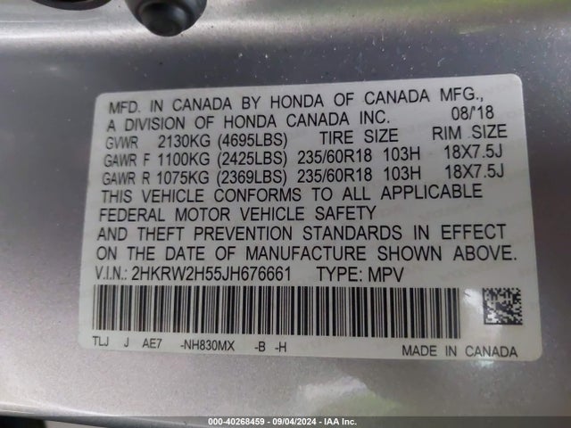 Honda CR-V EX 2018 2HKRW2H55JH676661 Image 9