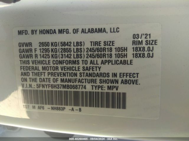 5FNYF6H37MB068774 Honda Pilot Awd Ex