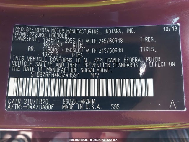 Toyota Highlander Le 2019 5TDBZRFH4KS741591 Image 9