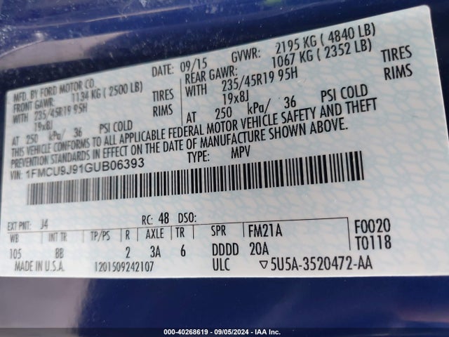 Ford Escape Titanium 2016 1FMCU9J91GUB06393 Image 9