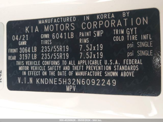 KNDNE5H32N6092249 KIA Carnival Mpv Sx Prestige