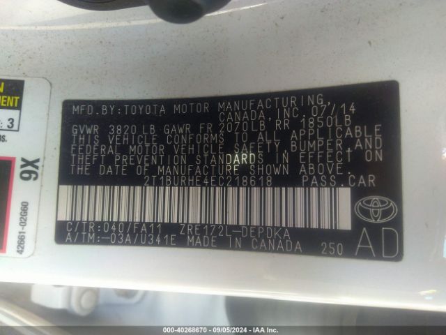 2T1BURHE4EC218618 Toyota COROLLA L