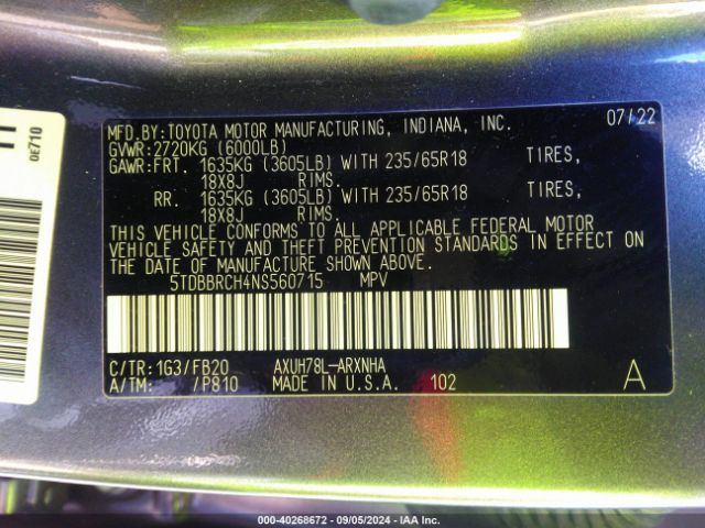 5TDBBRCH4NS560715 Toyota Highlander Hybrid Le