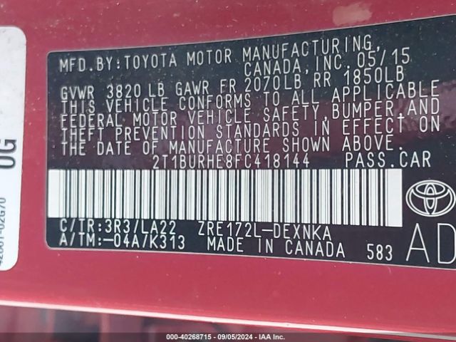 2T1BURHE8FC418144 Toyota Corolla Le Premium