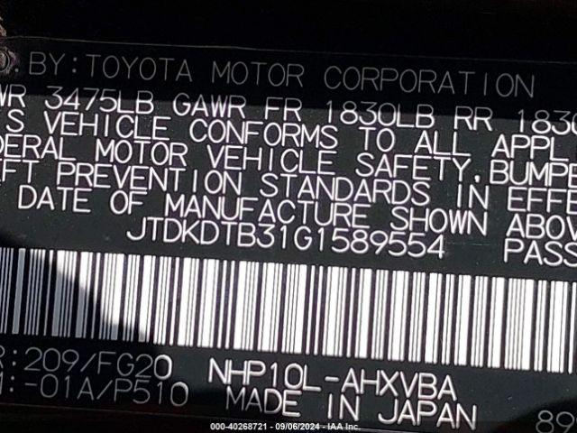 JTDKDTB31G1589554 Toyota Prius C Two