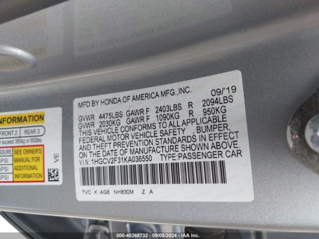 1HGCV2F31KA036550 Honda Accord Sport 2.0t