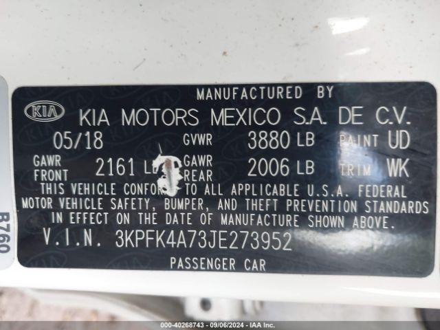 3KPFK4A73JE273952 KIA FORTE LX