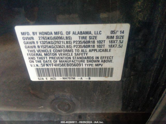 5FNYF4H58EB056091 Honda PILOT EXL