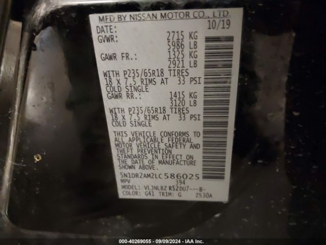 5N1DR2AM2LC586025 Nissan Pathfinder S 4wd