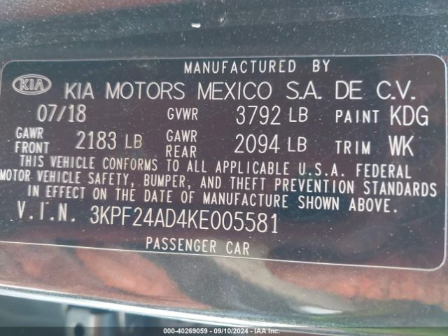 3KPF24AD4KE005581 KIA FORTE FE