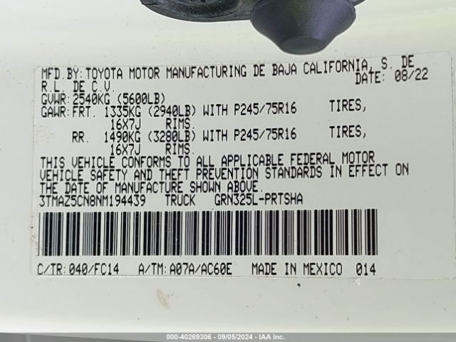 3TMAZ5CN8NM194439 Toyota Tacoma Sr5 V6